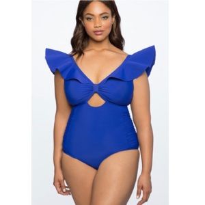 Plus Size Blue Ruffle Shoulder One-piece Bath Suit
